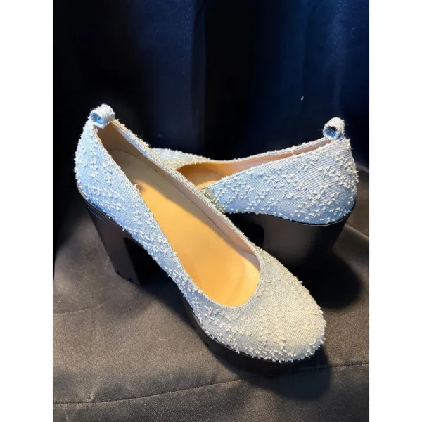 Light‎ Wash Distressed Denim Platform Pumps Chunky Black Lug Sole Block Heel Y2K Blue Size 7 - Image 3
