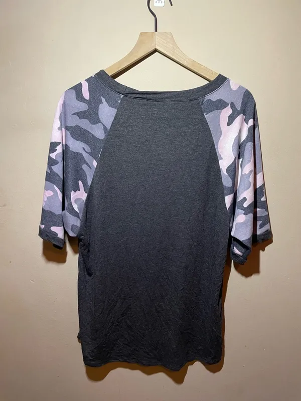 Celeste Charcoal Tee with Pink & Gray Camo Raglan Sleeves - Image 2