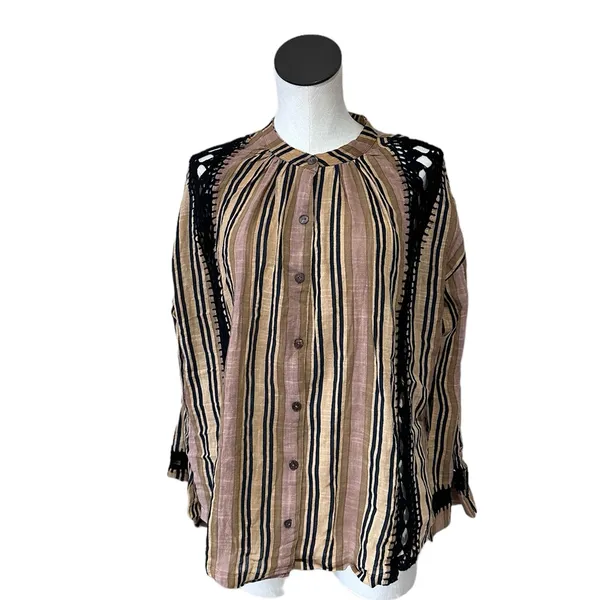 NWOT Free People Castaway Striped Crochet Long Sleeve Button Up Top Medium - Image 7