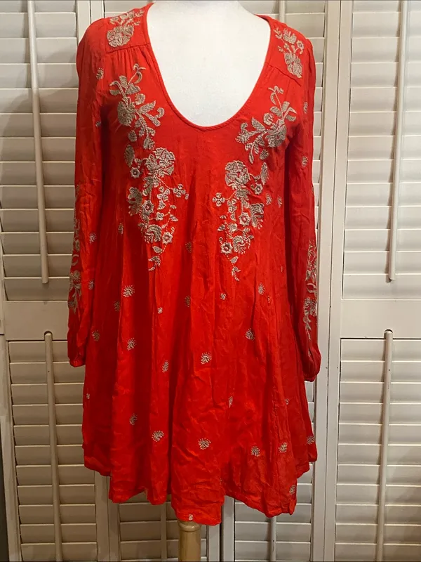 NWOT Free People Red Embroidered V-Neck Mini Babydoll Dress - Image 4