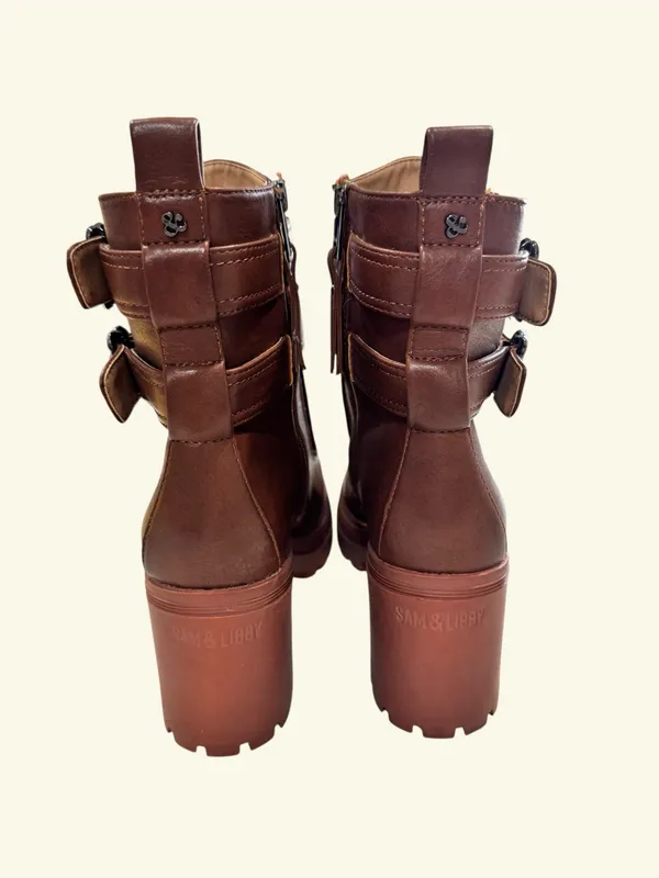 Sam and Libby Brown Double Strap Floral Buckle Chunky Block Heel Boots 9.5M - Image 9