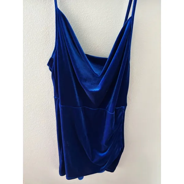 Royal Blue Velvet Cowl Neck Mini Dress Ruched Asymmetrical‎ Tulip Hem Cocktail - Image 2