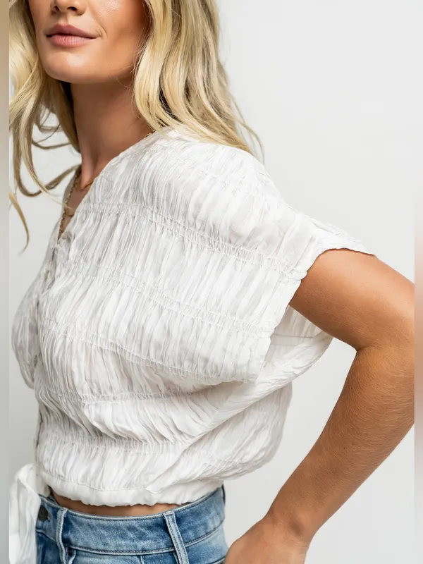 Boheme Alma Smocked SS Blouse White Boxy Summer Buttons Crisp Boho NWT - Image 6