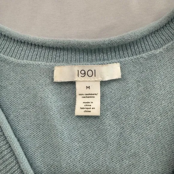 1901 Womens V-Neck 100% Cashmere Sweater Light Blue Long Sleeve Pullover Size M - Image 4