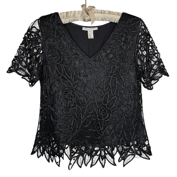 Vintage Silken Poetry‎ S Silk Black Beaded Crochet Lace Top Whimsigoth Fairy - Image 3