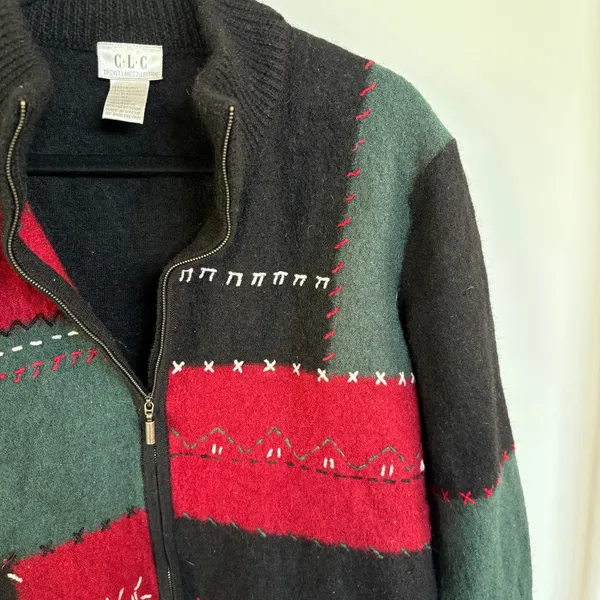 90's Wool Patchwork Jacket Boxy Zip Up Grandma Sweater Black Embroidered XL - Image 6