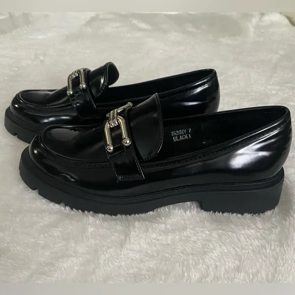 Creation Chunky Platform Loafers Chain Buckle SlipOn Black Patent Size 7 - Image 6