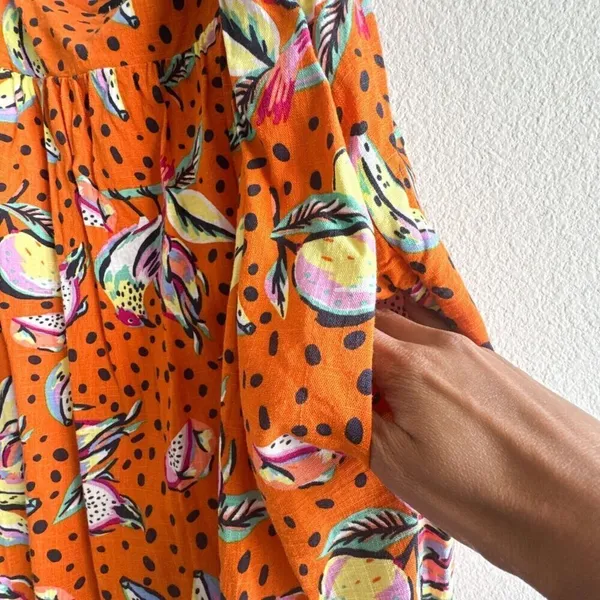 Anthropologie Kourt Aria Linen Tropical Short Dress Pockets Fruit Bird Medium - Image 7