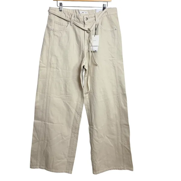 MNG Mango Women Beige Wide Leg Mid Waist Cotton Trousers with Tie Belt Size 10 - Image 3