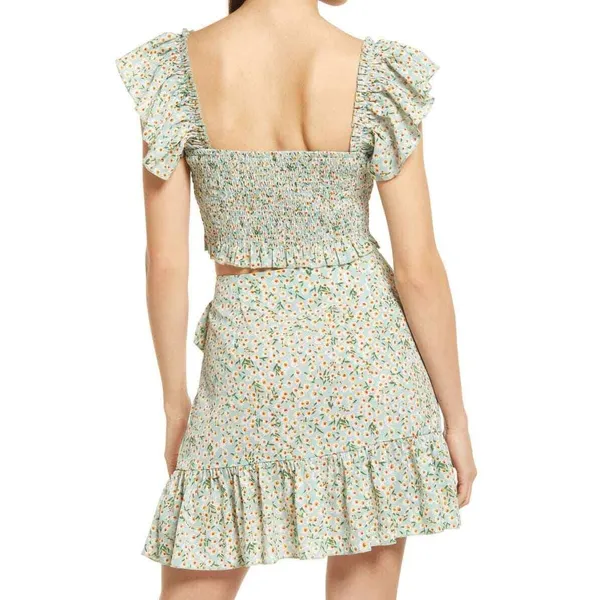Lulus Crop Top Womens XL Flourishing‎ Fields Sage Green Floral Smocked Ruffle - Image 3