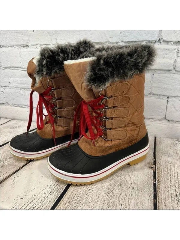 Wild Diva Womens Round Toe Faux Fur Lined Lace Up Mid-Calf Rain Boots Size 6 - Image 2