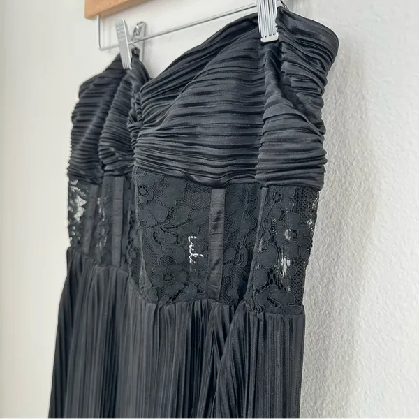 Lulus Black Strapless Lace Corset Pleated Maxi Dress - Image 3