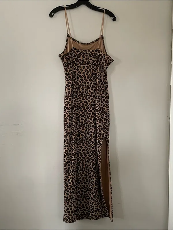 Y2K Tan Leopard Print Maxi Slip Dress XL Bodycon Casual Loungewear Summer - Image 7
