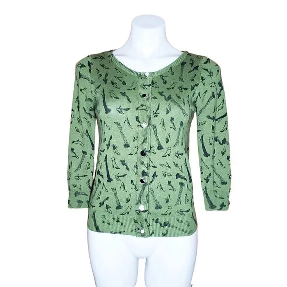 Twelve By Twelve Los Angeles Medium Green Shoe Print Cardigan Sweater Top Knit - Image 2