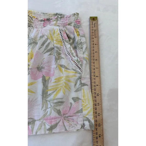 Briggs Womens Tropical Floral Linen Blend Smocked Shorts Pink Yellow Medium - Image 4