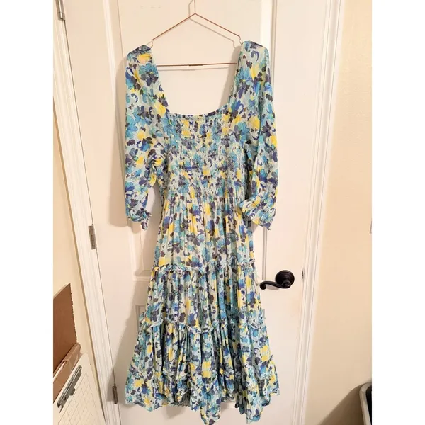LoveShackFancy Capri Midi Dress- Size L Blue‎ Multi 3/4 Sleeves Smocked Waist - Image 10
