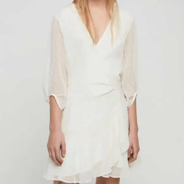 All Saints Jade Off‎ White Ruffle Swiss Dot Wrap Mini Dress - Image 2