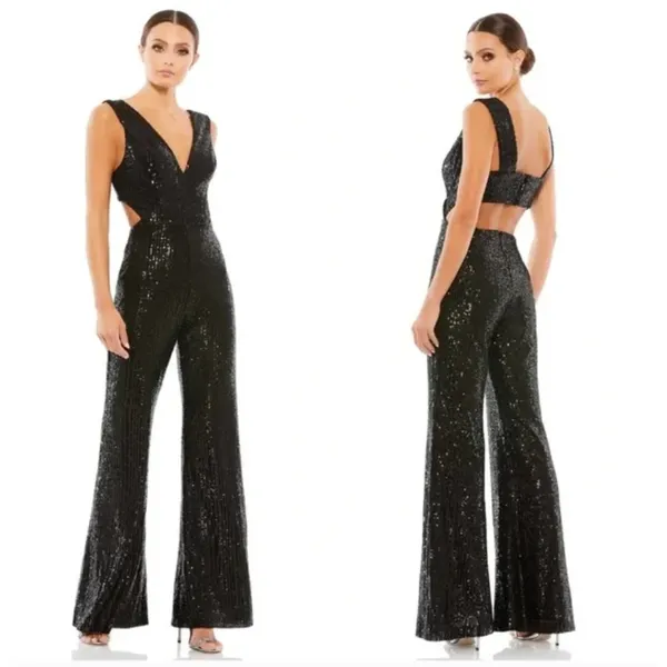 Ieena for Mac Duggal Jumpsuit 26691 Sequin Cut Out Wide Leg‎ Black Size 4 - Image 2