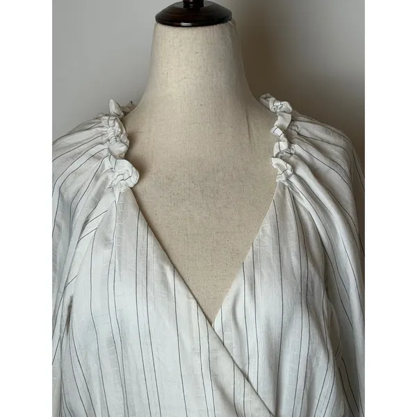 Maison Tara Midi Dress Womens 10 White Striped Excellent Ruffle Wrap V-Neck Puff - Image 9