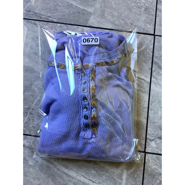 We The Free Free People Blue Waffle Knit Thermal Henley Embroidered Trim Top L - Image 9
