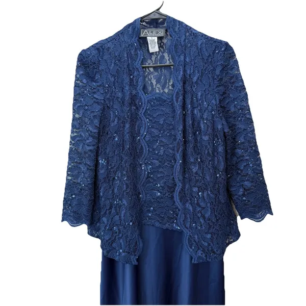 Alex Evenings Navy Blue Lace‎ Glitter Two Piece Jacket Sleeveless Satin Dress 6 - Image 4