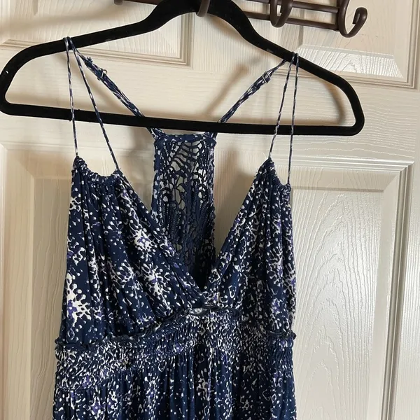Lucky Brand John Robshaw Crochet Lace Back Maxi Dress Navy Blue White Small Boho - Image 4
