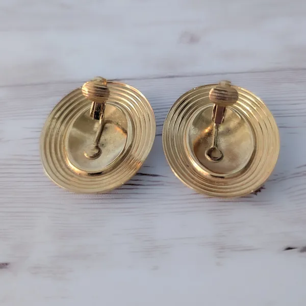 Vintage Clip On Earrings Very Large Dark Blue & Gold Tone Statement Oval 1.5" - Image 4