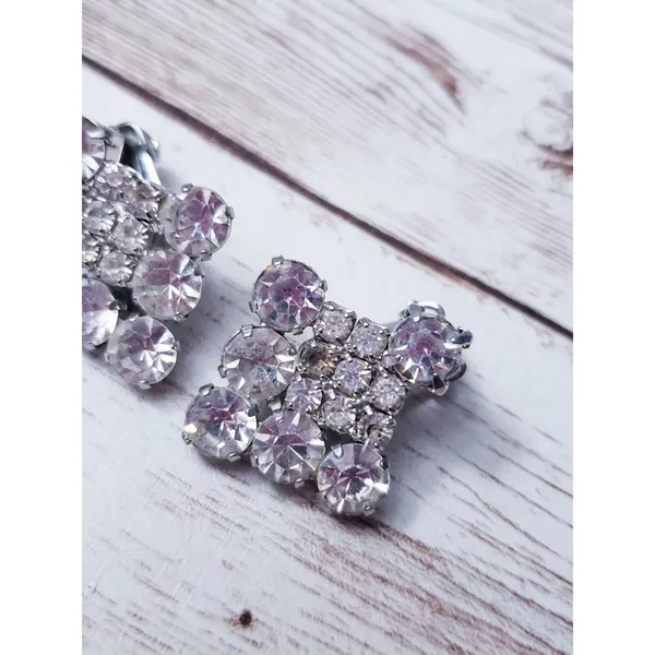 Vintage Clip On Earrings - Cluster of Clear Gems with Silver Tone - 1" - Image 3