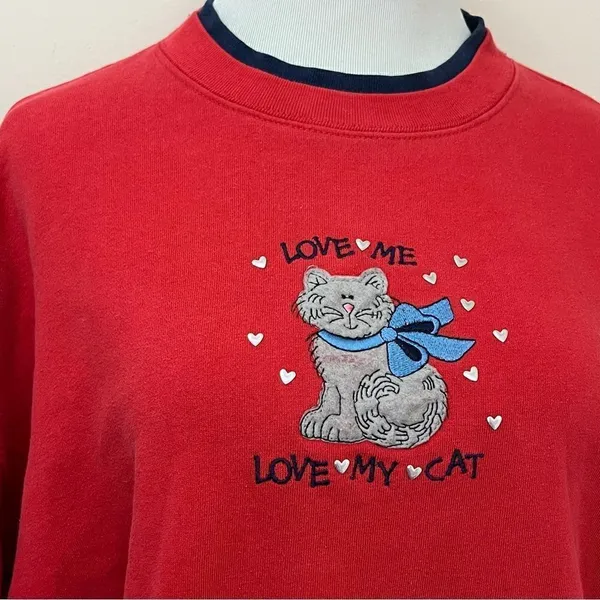 Vintage Grannycore Sweatshirt Crewneck Love Me Love My Cat L/XL - Image 2