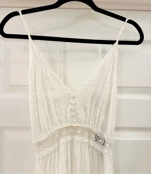 Lulu’s Light Breeze White Striped Crochet Lace Boho Tiered Maxi Dress Sz XS - Image 7