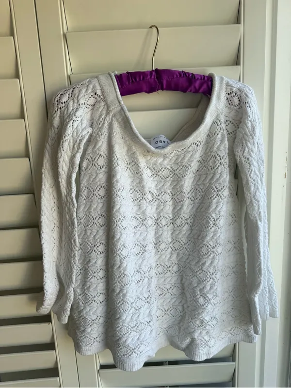 Off-Shoulder White Lace Knit Sweater sabo skirt sz 4 - Image 9