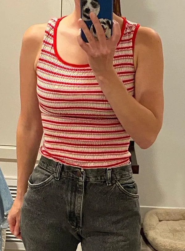 Bonkers Y2k vintage rainbow striped smocked red multicolor crop tank top small - Image 2