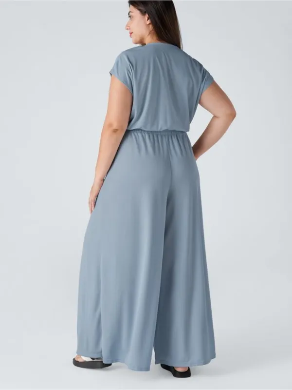 NWOT Halara Blue V Neck Short Sleeve Wide Leg Jumpsuit - Image 2