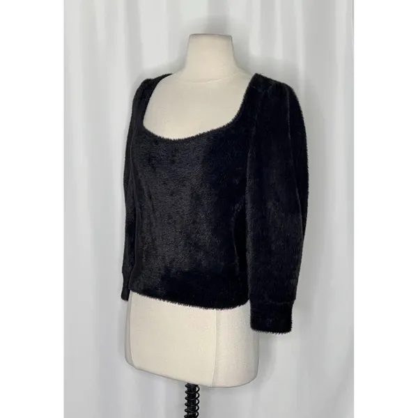 FREE PEOPLE Moonbeam Pullover Black Fuzzy Sweater 3/4 Sleeves Solid Scoop Small - Image 6