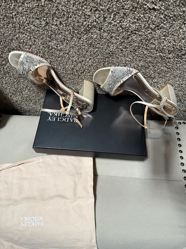 Badgley Mischka Ivory Satin Block Jewel Heel Sandals - Image 2
