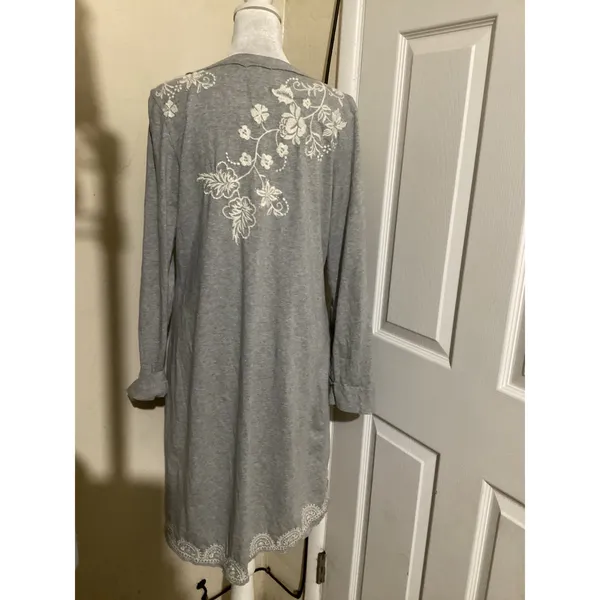 Sundance Grey Embroidered Cotton Snap Front Duster Cardigan Dress Medium - Image 3