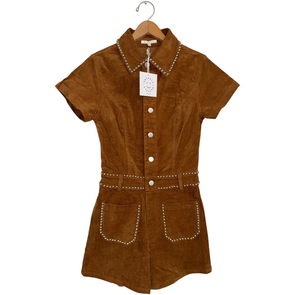 Baevely Womens XS Brown Faux‎ Suede Studded Western Romper Short Sleeve Cognac - Image 2