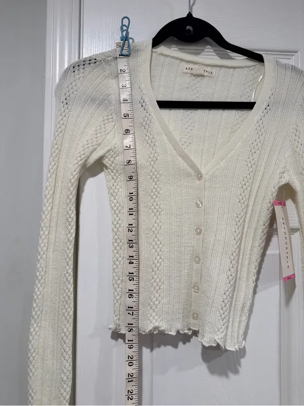NWT Aeropostale Size S Ivory Pointelle Knit Cropped Stretch Lace Cardigan Y2K - Image 7