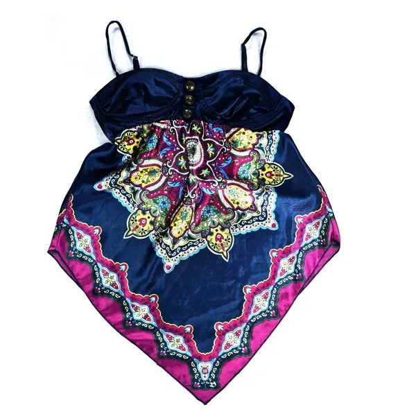 Candies Navy Blue Paisley Satin Handkerchief Hem Bustier Camisole Top Small - Image 4