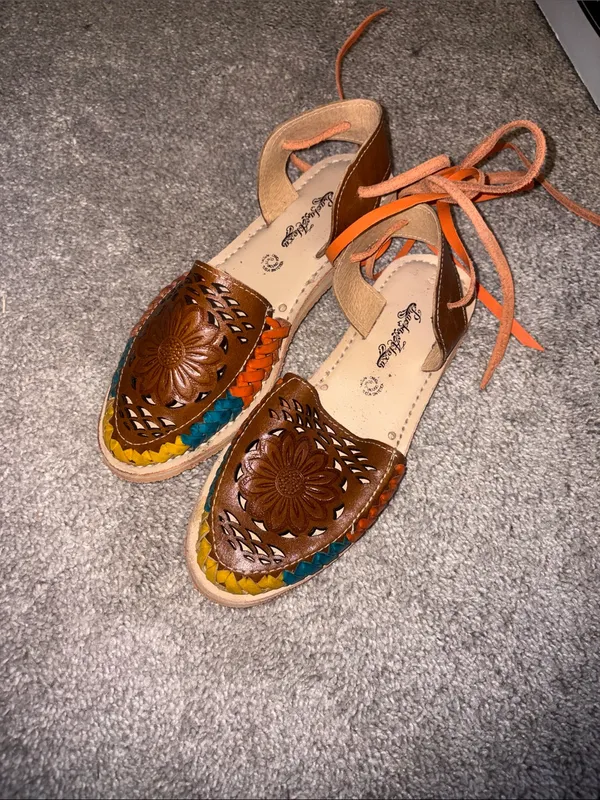 Paola Alexa mexican Brown Leather Floral Cutout Sandals with Orange Laces 8/9 - Image 3