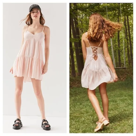 Urban Outfitters Harper Pink Tiered Lace-Up Babydoll Dress Small - Image 2