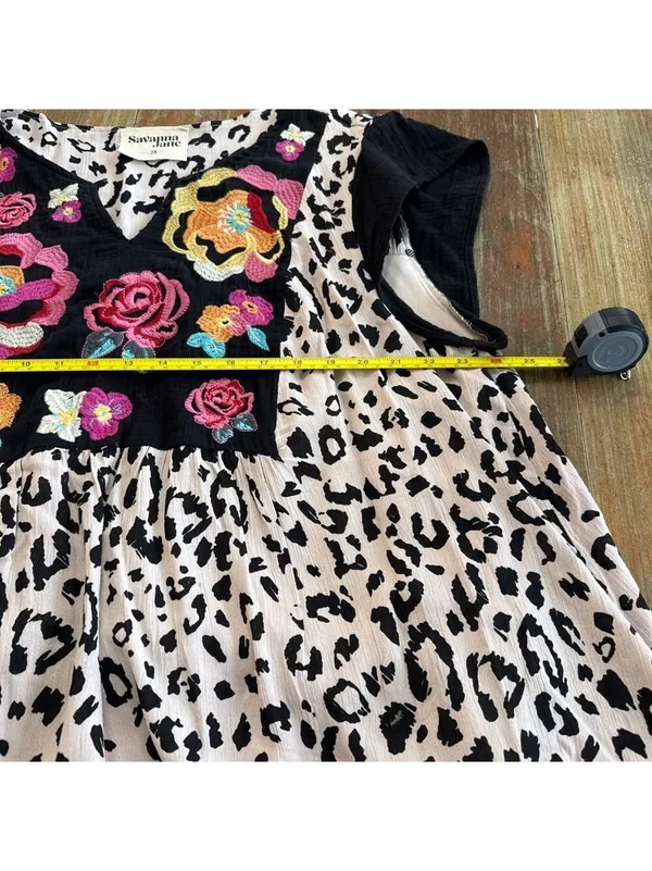 Savanna Jane Mini Dress 2X Beige Black Leopard Floral Multicolor Embroidery Boho - Image 11