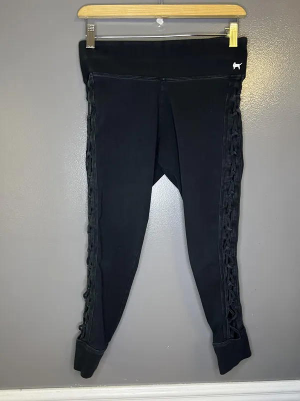 PINK Victoria's Secret Leggings Womens Medium Black Yoga Lattice Cutout - Image 2