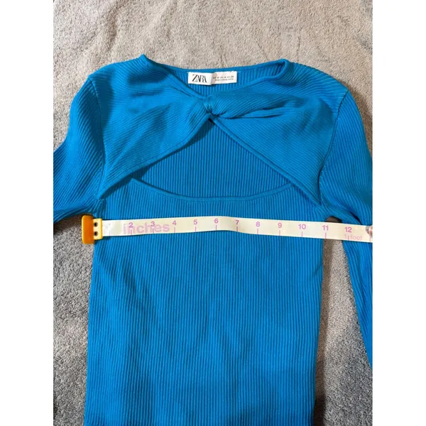 NWOT Zara Size Medium Long Sleeve Blue‎ Ribbed Cross Knot Cropped Top Y2K - Image 6