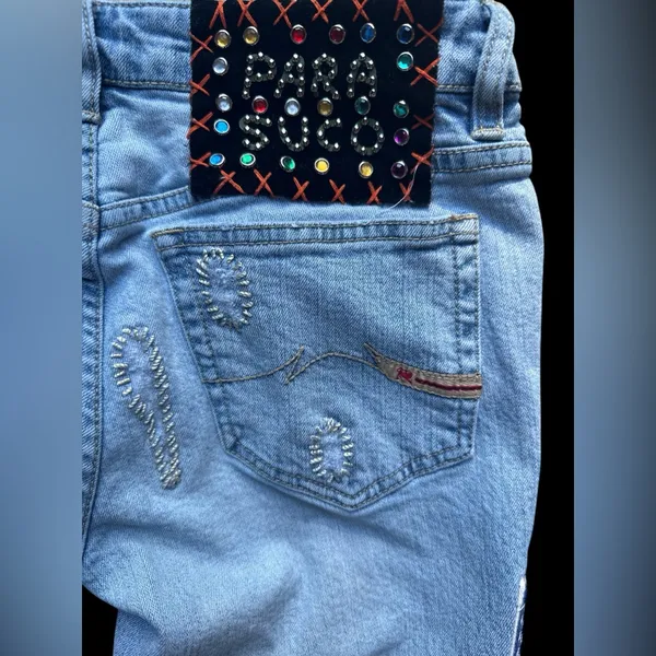 y2k parasuco denim cult Light Blue Embellished usa flag Jeans 28x28 lowrise gems - Image 2