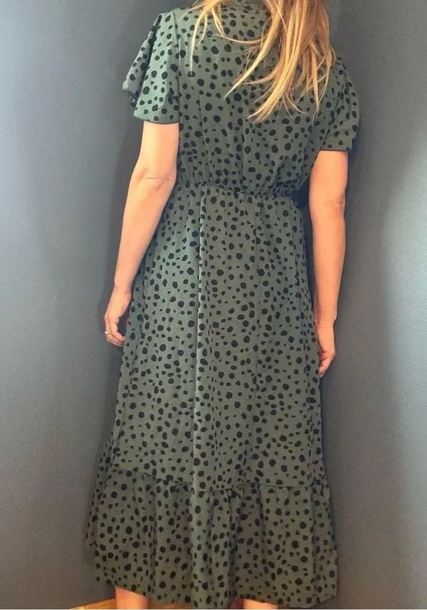 SheIn Rockabilly Green & Black Spotted Bow Neckline Flutter Sleeve Dress size Large - Image 3