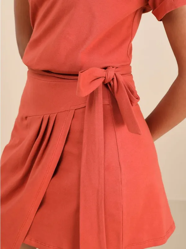 LULU’S Ioana Rust Red Short Sleeve Pleated Faux-Wrap Mini Dress - Image 2