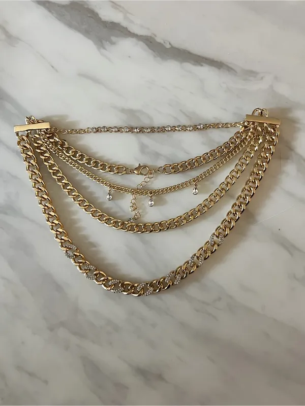 Source Unknown Gold Tone Layered Chain Statement Necklace Rhinestone Teardrop Bib - Image 5