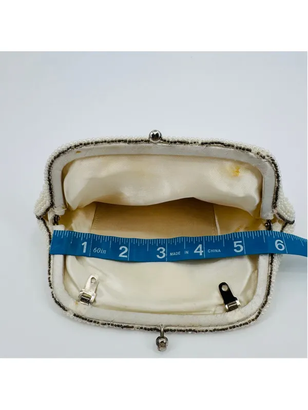 Vintage Beaded Pearl Kisslock Clutch Off-White Silver - Image 6