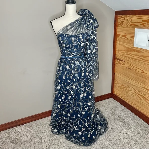 Lulus Whimsical Allure Navy Mesh Embroidered One-Shoulder Maxi Dress XS NWT - Image 2